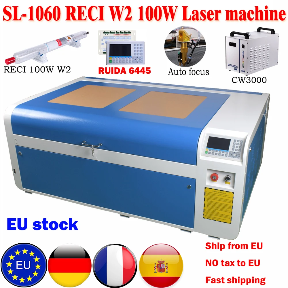 [EU&US STOCK] RECI 1060 100W Laser Engraving Machine USB RUIDA 6445 Laser Cutter Engraver Machine CW3000 Chiller