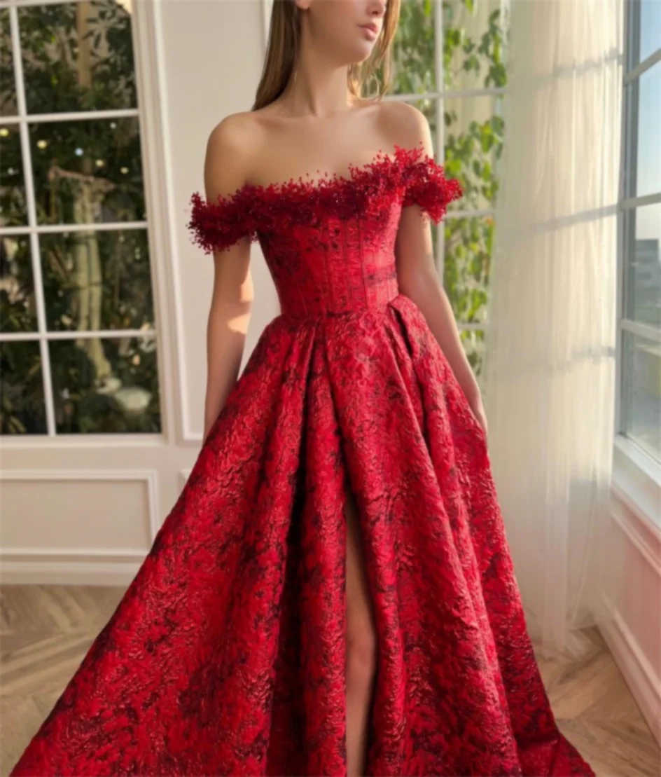 Luxury Red Off the Shoulder A-line Evening Dresses Women Long Printing Flower Corset Side Slit Backless Elegant Prom Dress 2024