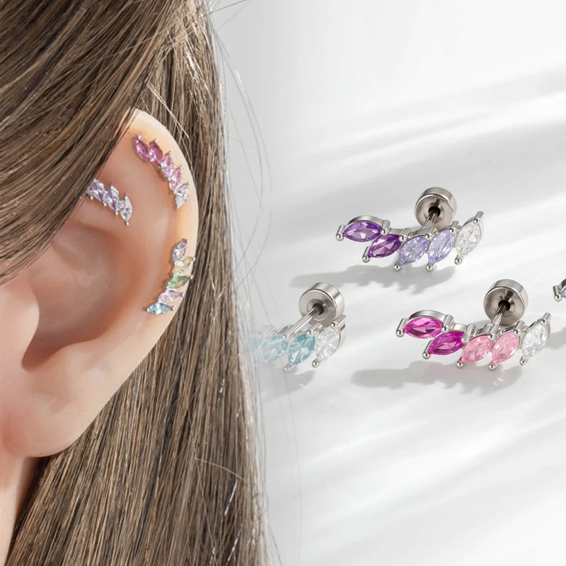 20G Colored Leaf Cubic Zirconia Ear Stud, Hypoallergenic Titanium Cartilage Helix Tragus Stackable CZ Earrings Piercing Jewelry