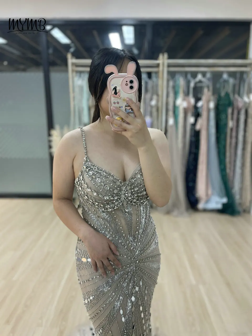 MYMB Nude Stunning Spaghetti Straps Sweetheart Neck Prom Party Dresses for Special Events Luxury Mermaid High Split Evening Gown