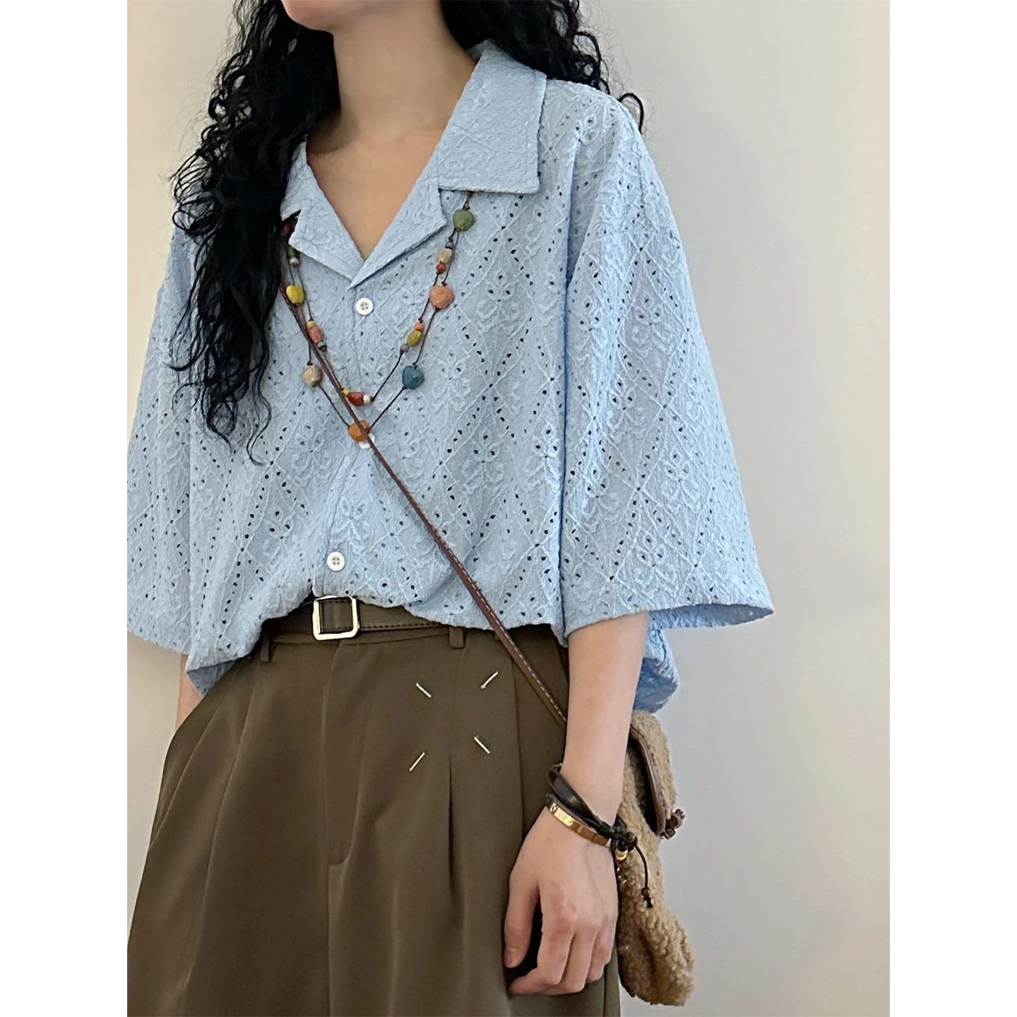 

Summer Street Sle Loose Fit Women's irt Cuba Collar ort Sve Ice Silk Casual Faion High End Feelings Small