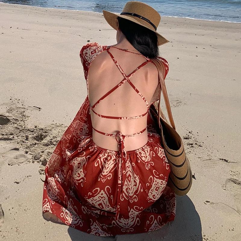 Beach Holiday Party Dresses Long Dresses Fashion Chic V Neck Backless Women's Dress Summer Print Dress Woman Clothing SL057