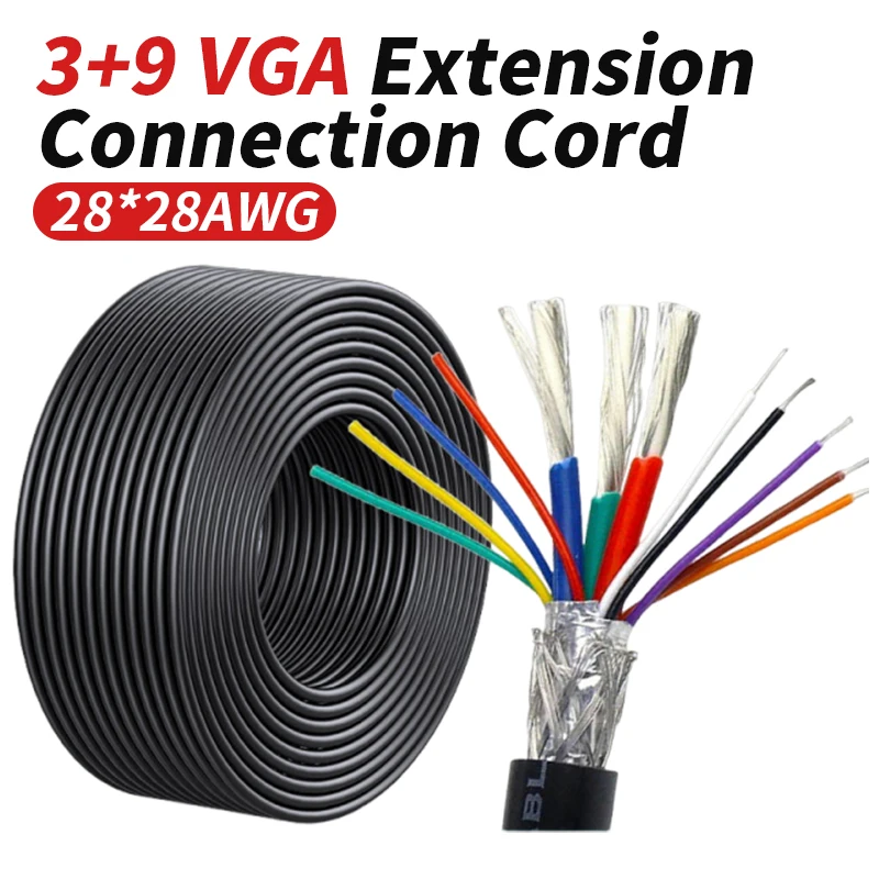 28 AWG 3+9 VGA 1M Extension Connection Cord VGA Engineering Cable HD VGA Shielded Wire Embedded Video Line for Computer TV