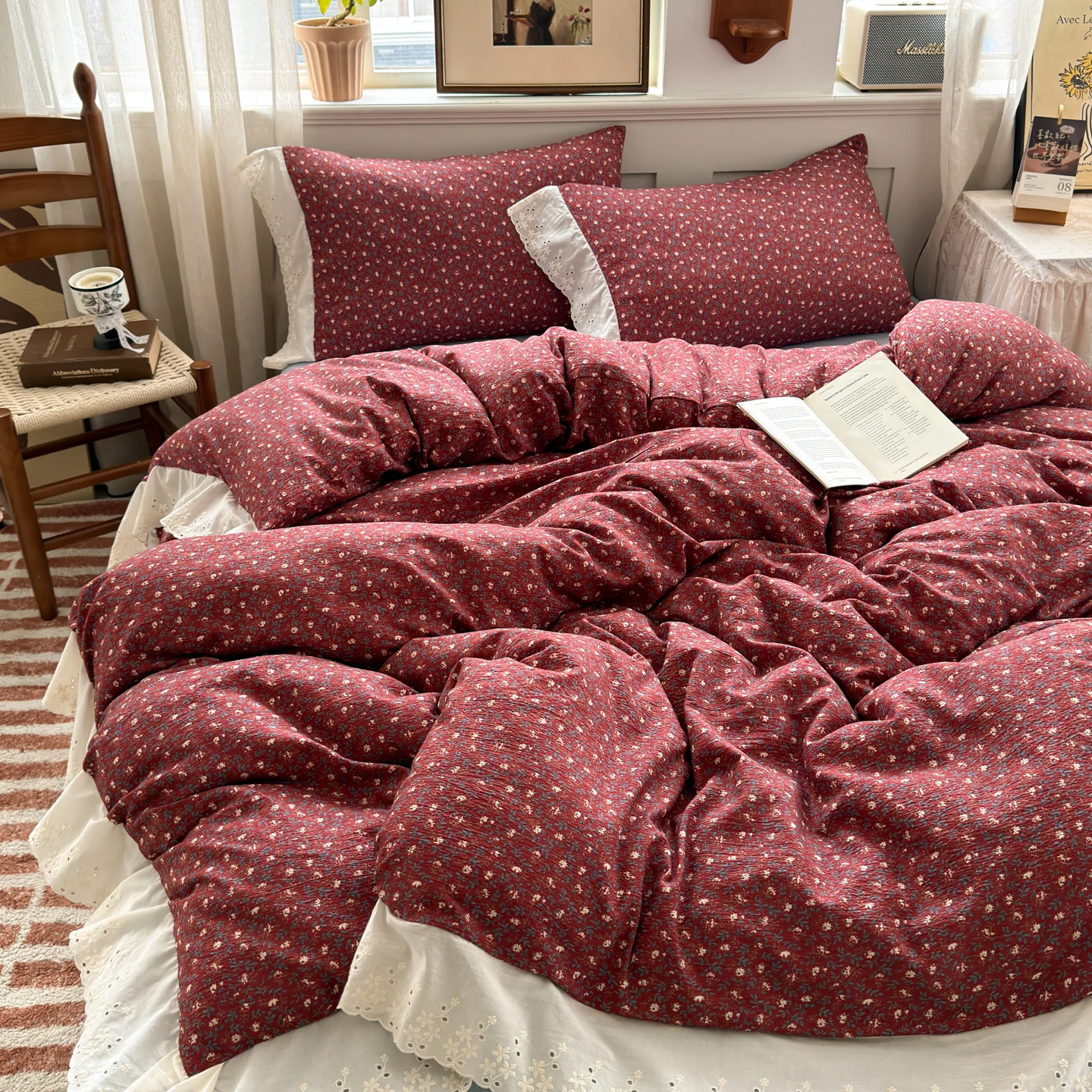 Vintage Floral Bedding Set Washed Cotton French Style Bed Flat Sheet Pillowcase Full Queen Duvet Cover Set No Filler