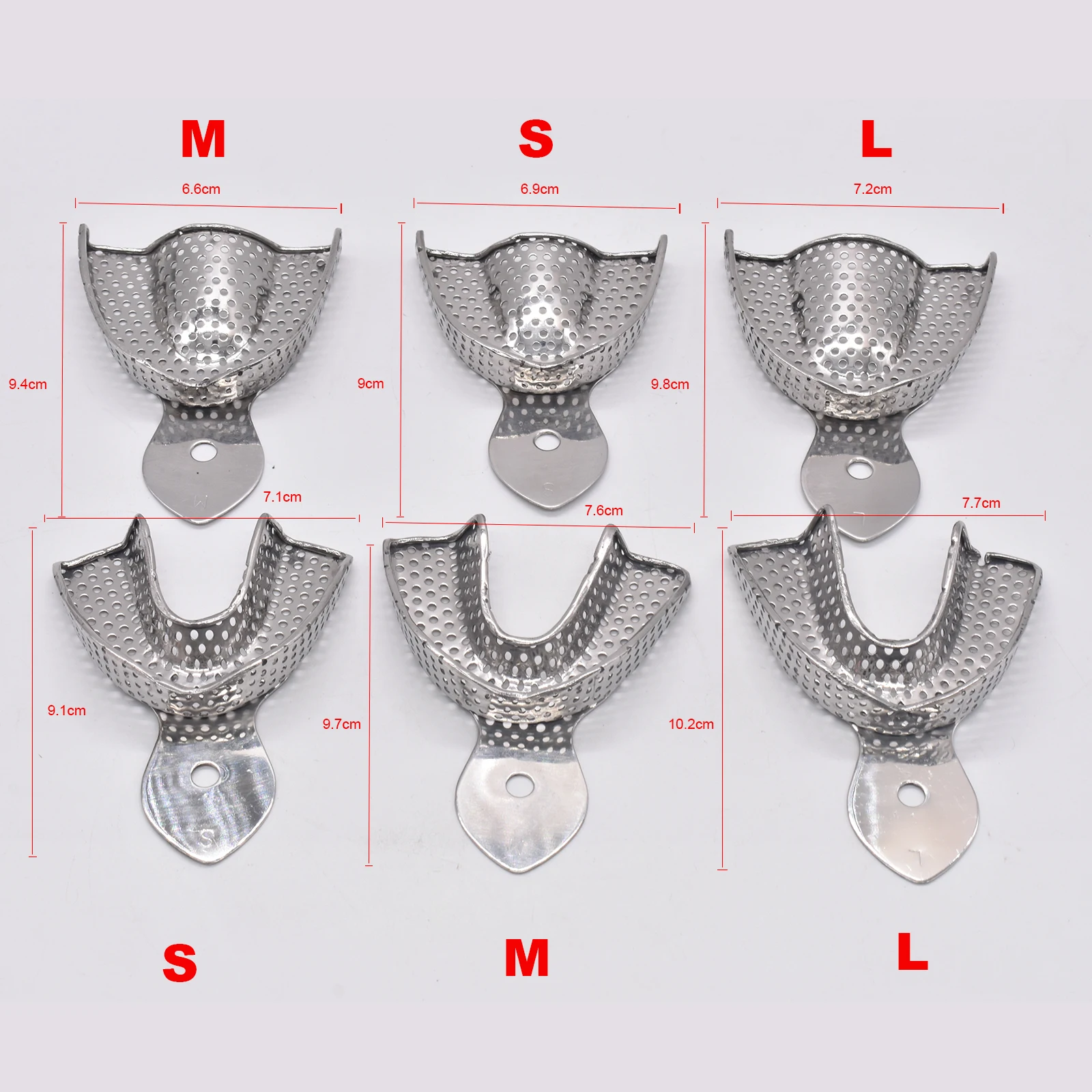 6pcs/set Dental Stainless Steel Impression Tray with Holes Upper Lower Teeth Holder Dental Impression Buckets Dental Tools