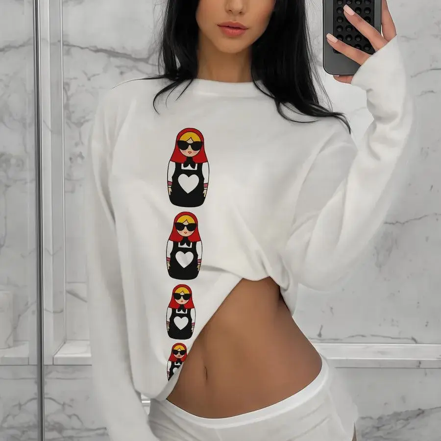 Bequeme Bluse, 100 % Baumwolle, langärmelig, T-Shirt, russischer süßer Cartoon-Puppen-Aufdruck, lustige Rundhalsausschnitt-Tops, russische Mädchen-Streetwear