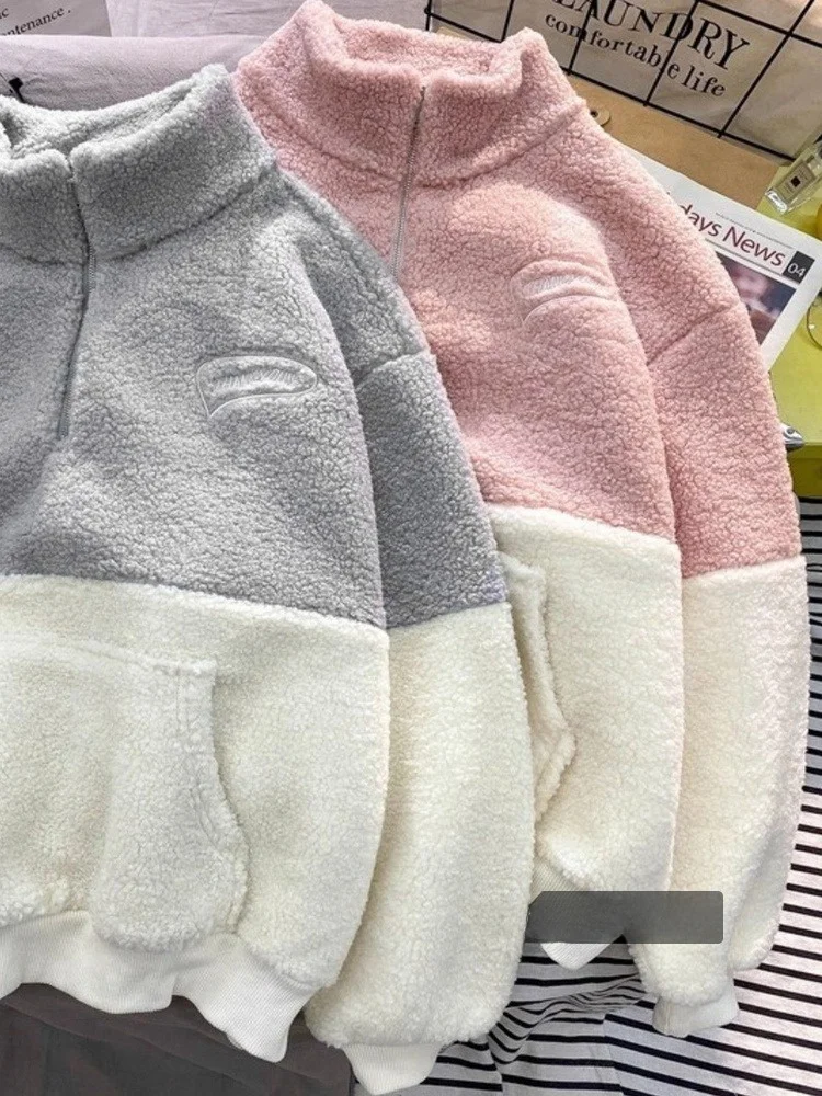 

Бархатная толстовка на молнии с капюшоном ягненка, женская свободная цветная блузка, длинная куртка с воротником-стойкой, осенняя новинка, уличная одежда