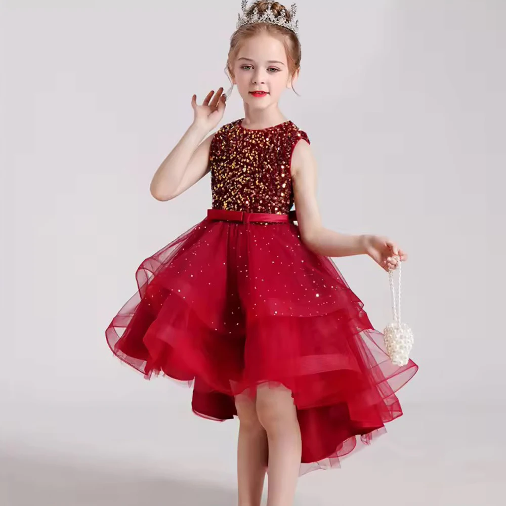 Gold Sequin Party Girls Dresses Elegant Wedding Princess Dress Vestidos Bridesmaid Birthday Prom Bow Trailing Christmas Costumes