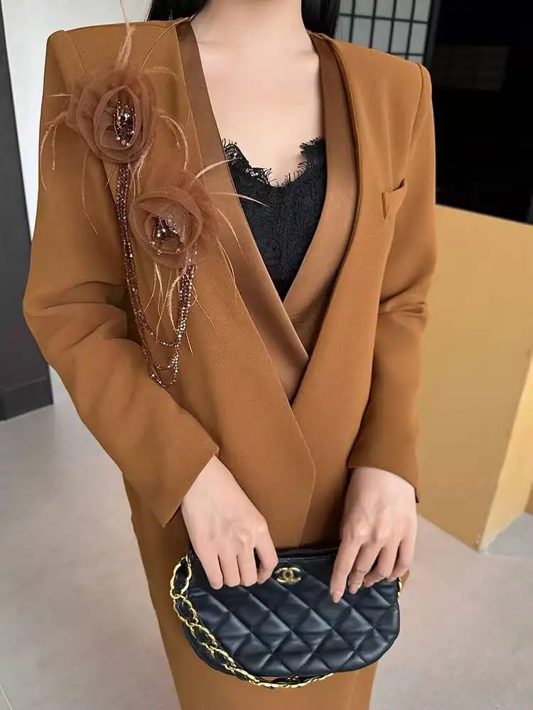 BEWQ-Conjunto de 2 uds de moda para mujer, chaqueta holgada de manga larga con cuello en V y retazos de flores en 3D, falda de cintura alta, traje de fiesta, otoño 2025