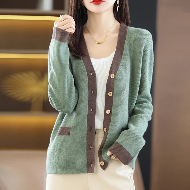 Women\'s Cardigans 2024 Spring Cardigans V-neck Single Breasted Short Slim Lady Knitwear Tops Korean Fashion Green Cardigan