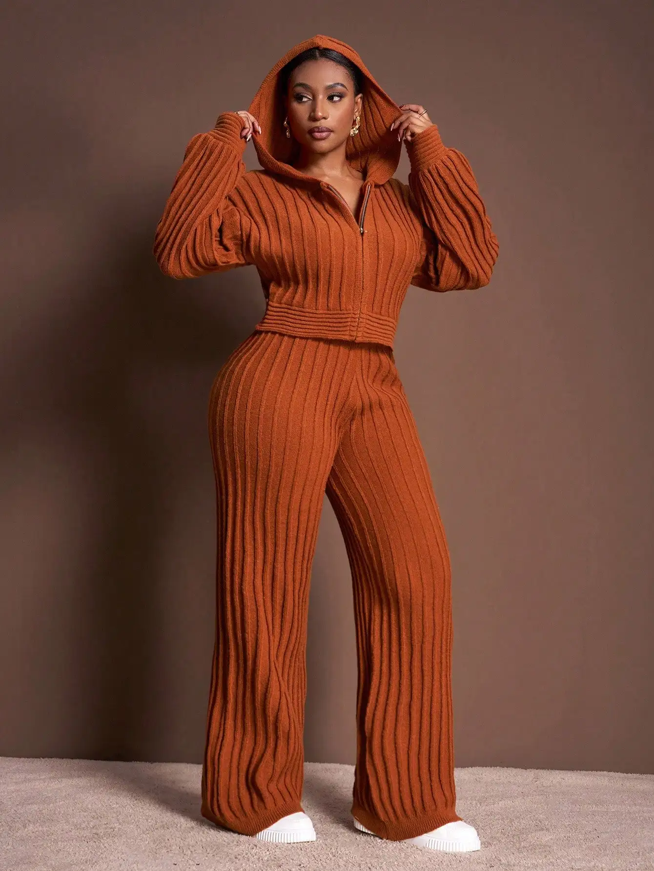 

Women's Ribbed Knit 2 Piece Set with Hooded Zip-Up Top and Wide Leg Pants, Autumn Winter Solid Brown