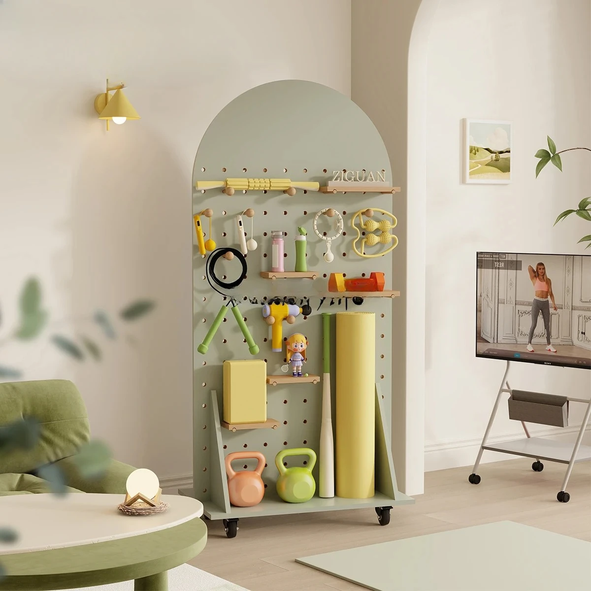 

Green hole board mobile full-body mirror floor-to-ceiling household display rack with wheels