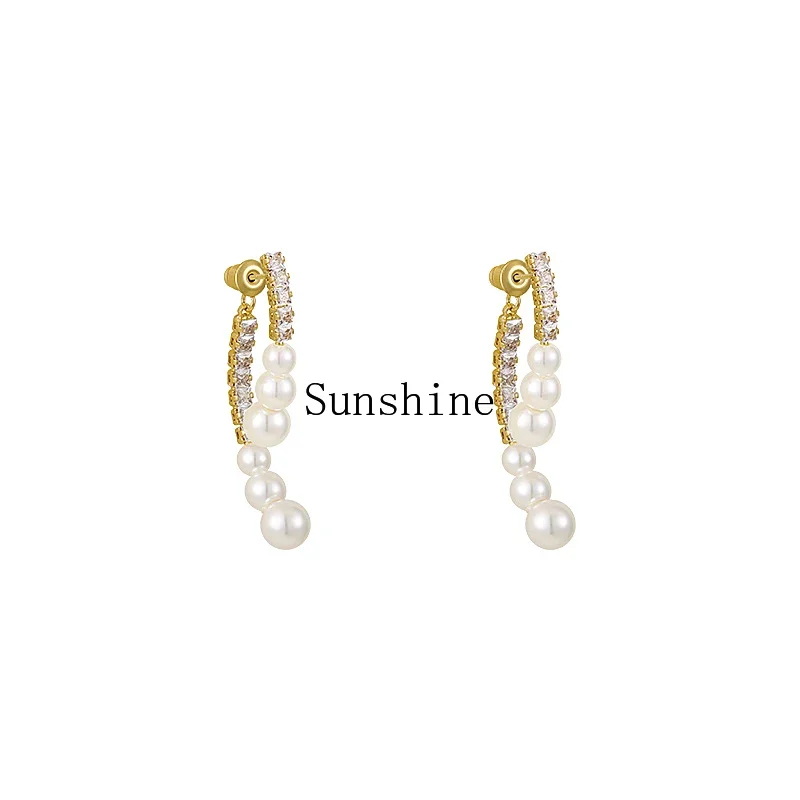 

French zircon pearl stud earrings long light luxury high-end earrings