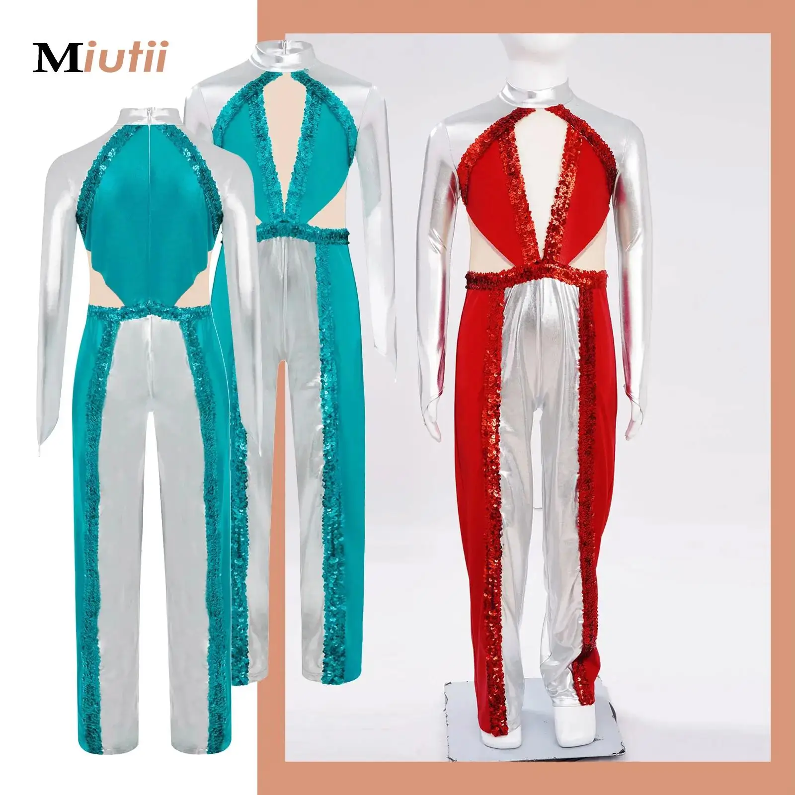 

Kids Girls Modern Jazz Latin Dance Jumpsuit Sequins Metallic Jumpsuit Long Sleeve Full Bodysuit Performance Dancewear Costume