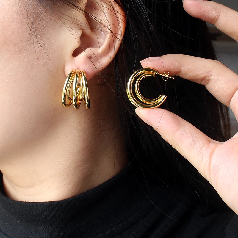 Layered Circle Stud Earrings 18K Gold Plated Stainless Steel Rustproof Earring Jewelry Hypoallergenic Elegant Gift for Women