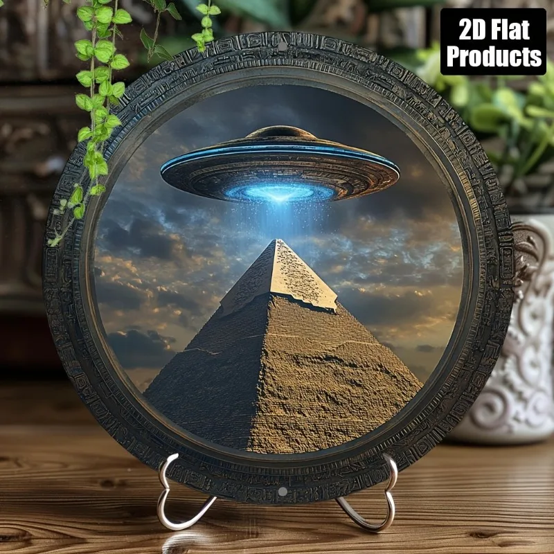 Placa decorativa de Metal de aluminio redonda con tema piramidal OVNI, adecuada para decoración de Bar, cocina, cafetería, hogar y oficina, regalo de vacaciones