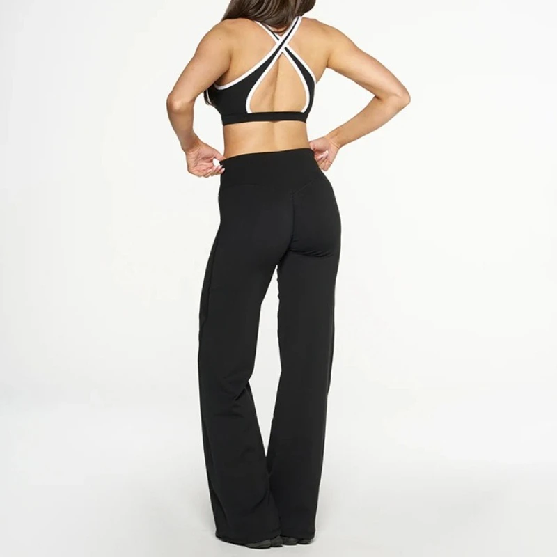 여성용 신상 가을 2025 크로스 스트랩 & 브이넥 긴팔 탱크탑 & 캐주얼 스트레이트 팬츠 3피스 스포티 수트