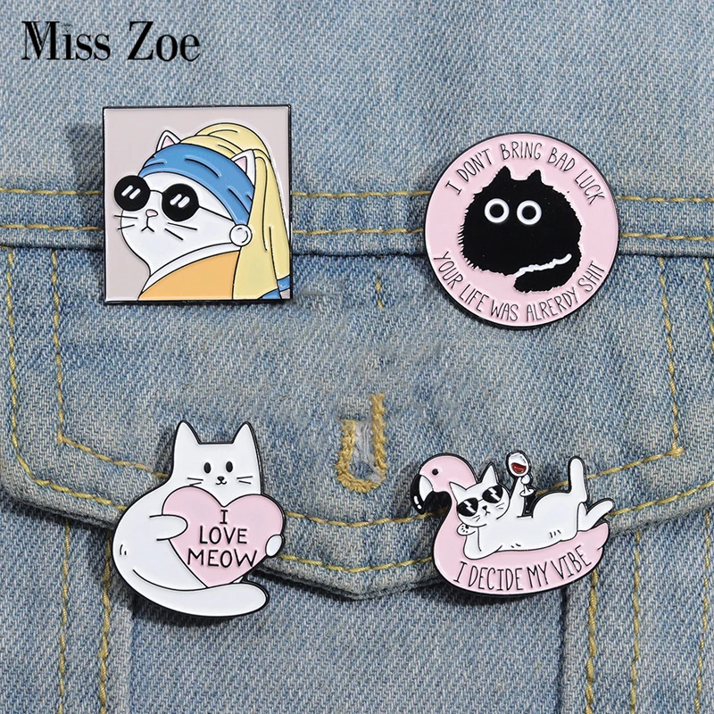 I Love Meow Enamel Pins Custom Oil Painting Good Vibe Brooches Lapel Badges Cartoon Animal Fun Jewelry Gift Friends