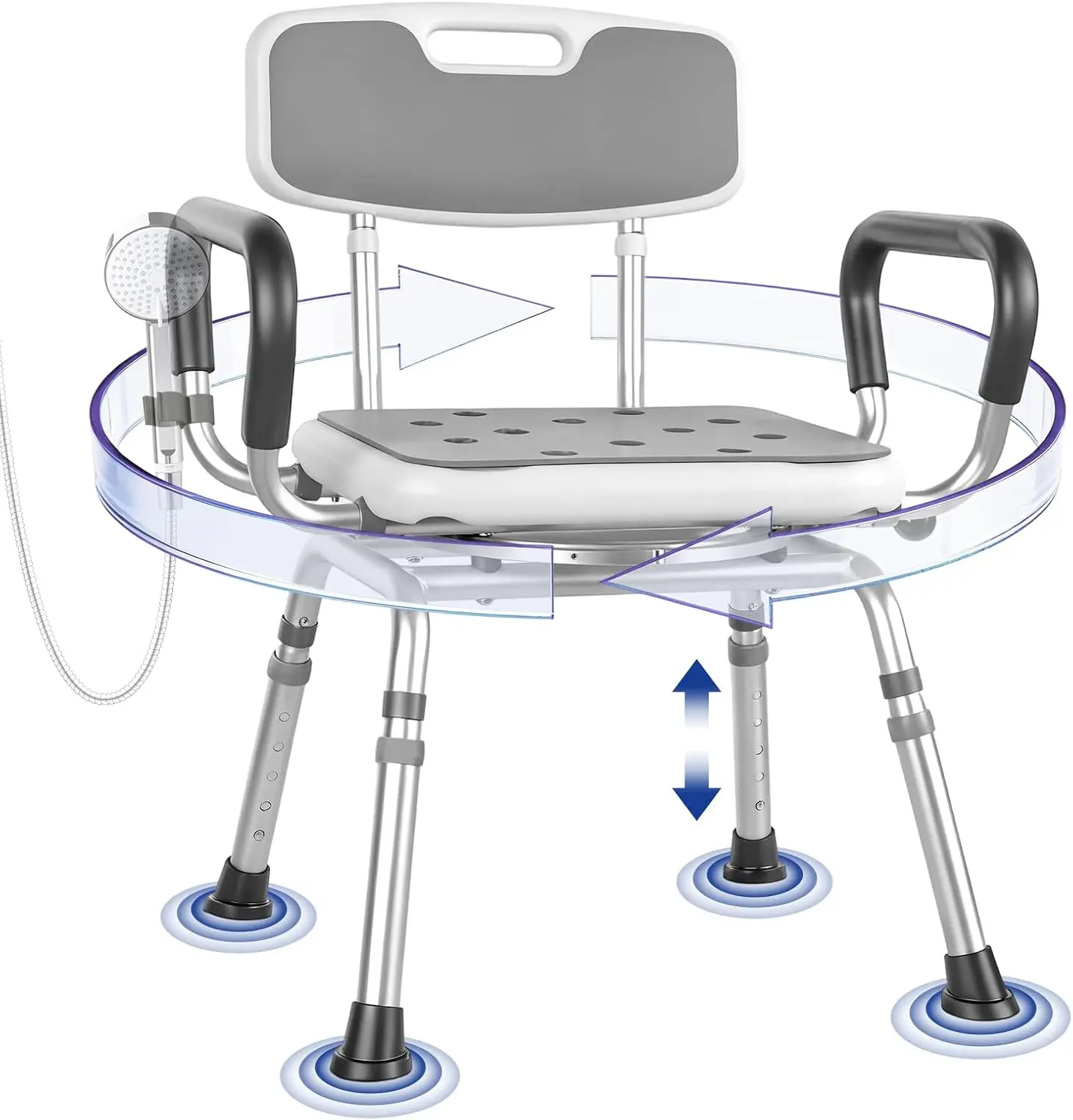 

360° Swivel Shower Chair with Arms & Back, Adjustable Height, Padded Seat for Seniors and Disabled, Supports 300 lbs