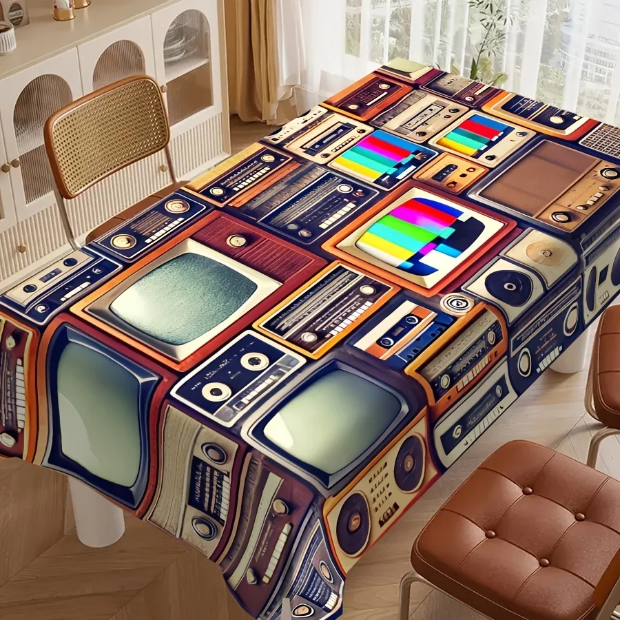 2D flat printing vintage multi-color modern nostalgic TV radio print tablecloth, with unique artistic designxzj
