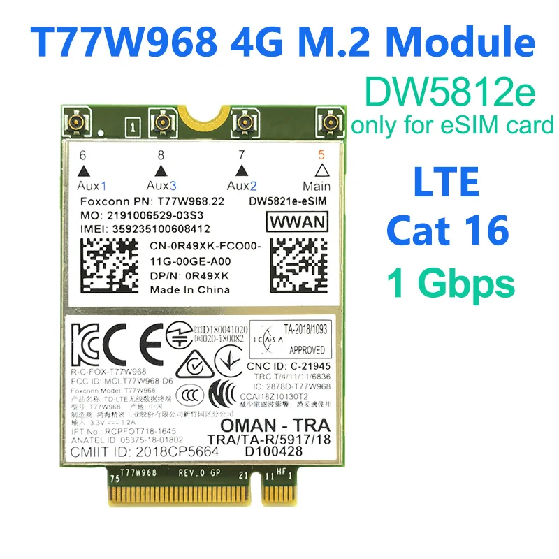 T77W968 DW5821e LTE Cat16 GNSS 5G WWAN Card Module for Lattitude 5420 5424 7424 Rugged Latitude 7400 / 7400