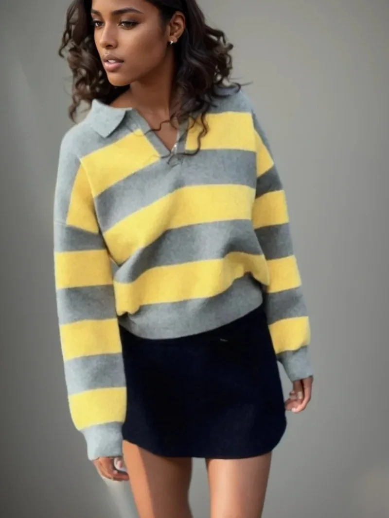 

Autumn Casual Knitted Sweater Pullover Women New Fashion Versatile Daily Stripe Polo Collar Vintage Sweater Female Pullover Tops