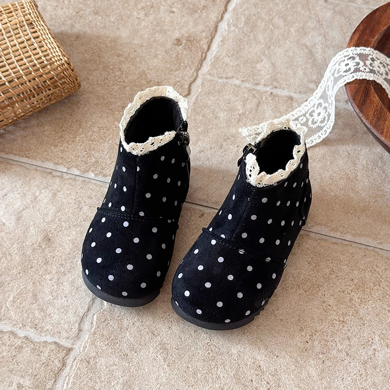 Toddler Girls Winter Ankle Boots, Polka‑Dot Suede‑Like Upper Lace Ruffle Collar Warm Fleece Lined Side Zipper Princess