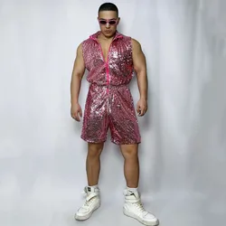 Men's Hip Hop Street Dance Costume Glitter Sequins Overalls Sleeveless Jumpsuit Male Singer Dancer Bar Show Shiny Stage Wear