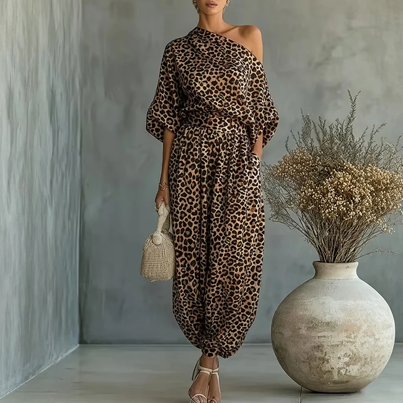 BKLD Fashion Street Style Leopard Print Skew Collar Long Sleeve Off-shoulder Tops+Loose Fit Lantern Pants Casual Retro 2Pcs Sets