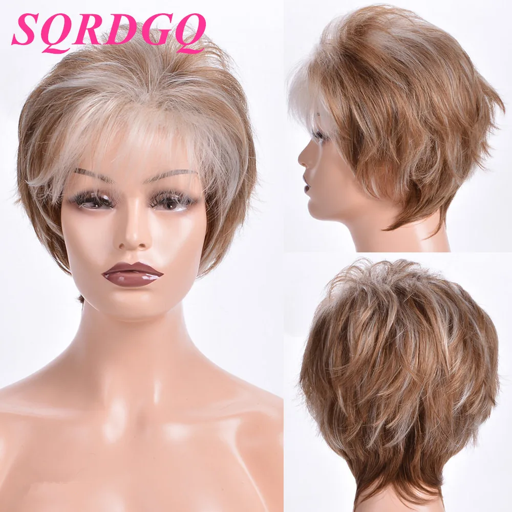 

SQRDGQ Mixed Blonde Brown Short Wigs For Women Heat Resistant Synthetic Wig Pixie Cut Natural Looking Fake Hair Woman Wigs
