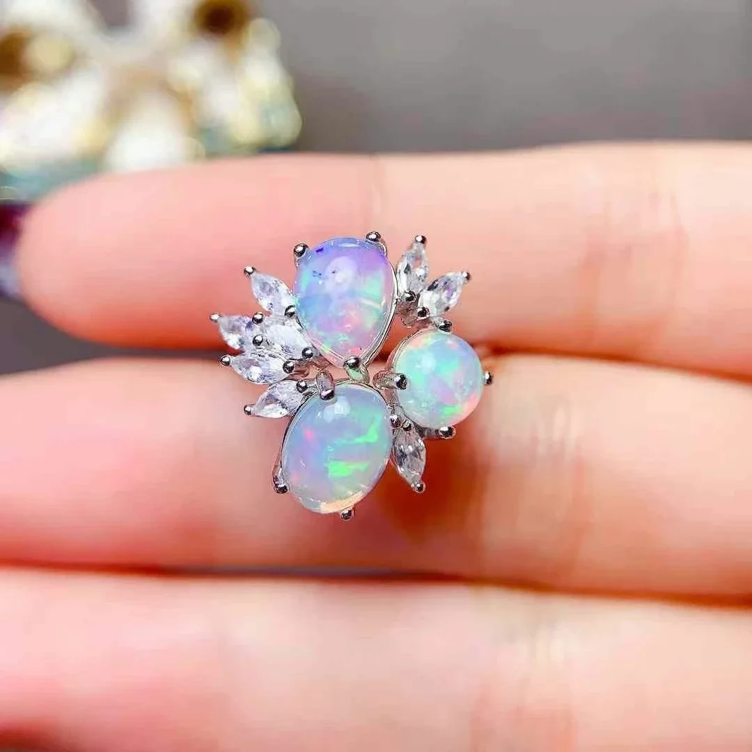 Sterling Silver Opal Ring Ring for Party 6mm and 6mm*8mm Genuine Australian Opal 925 Silver Jewelry with 18K Gold Plating