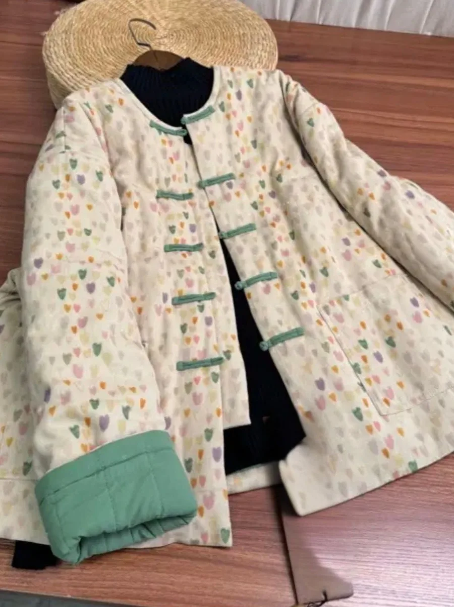 

Authentic 2025 New Chinese Sle Loose Retro Print Color Blo Autumn Winter Cotton Jaet Outerwear Long Sve Double Button