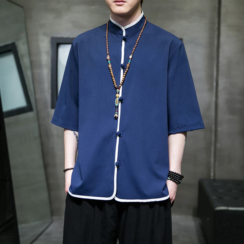 สไตล์จีน Hanfu เสื้อผู้ชายสีทึบครึ่งแขนเสื้อลําลองแฟชั่นคอหลวมเดี่ยว Breasted Tops Man