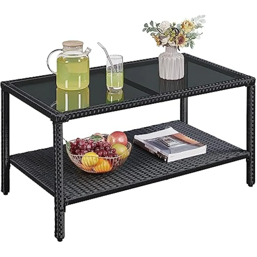 

Outdoor Wicker Coffee Side Table, All-Weather Rattan Patio Storage Furniture with Tempered Glass Top for Garden, Black
