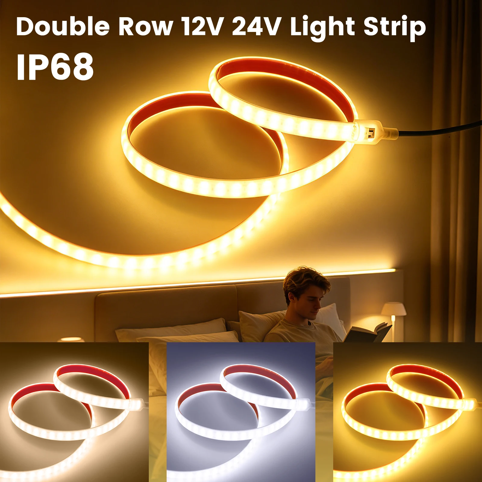 12V 24V IP68 LED Strip Waterproof Double Row 2835 240LEDs/m Flexible Adhesive Tape for Swimming Pool/Fish Tank/Garden/Room Decor