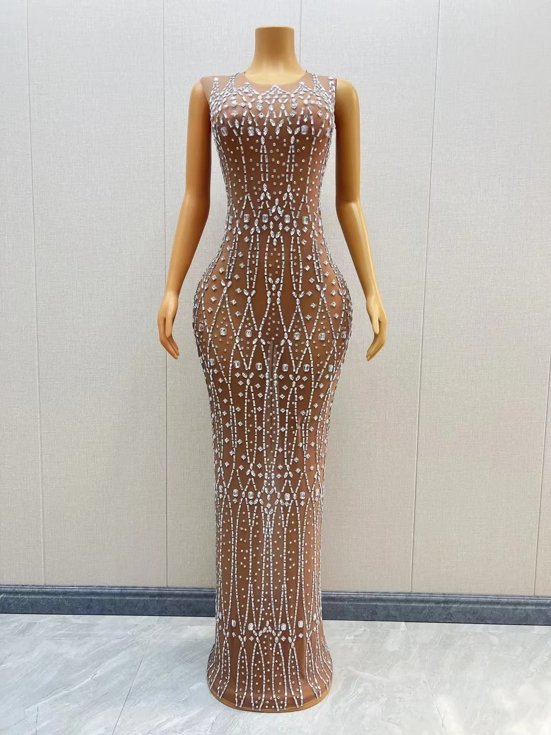 Fangge Sparkly Strass Durchsichtig Mesh Langes Kleid Sexy Frauen Prom Geburtstag Party Feiern Luxus Abendkleid Frauen Couture