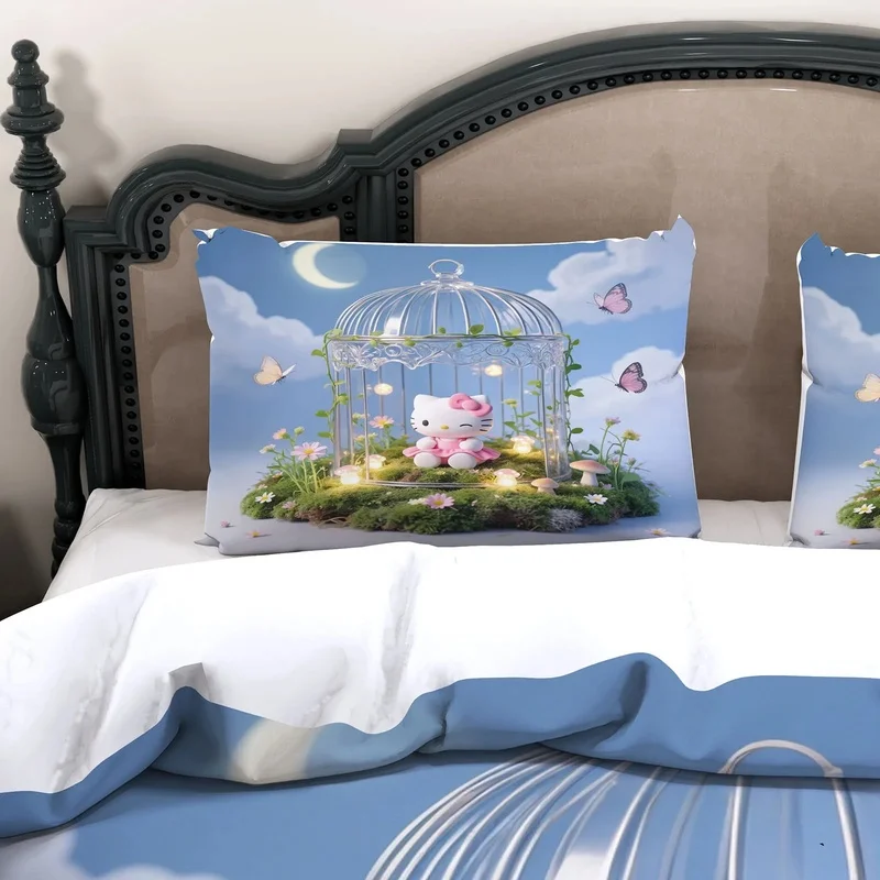 Polyester Hello Kitty Bedding Set Blue Sky Birdcage Daisy Butterfly Moss Printed Duvet Cover For Girls Fresh Home Decor