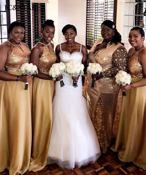 african bridesmaid dresses gold sequined silk satin halterneck abito cerimonia donna 2022 sparkling vestidos de noche largos ele