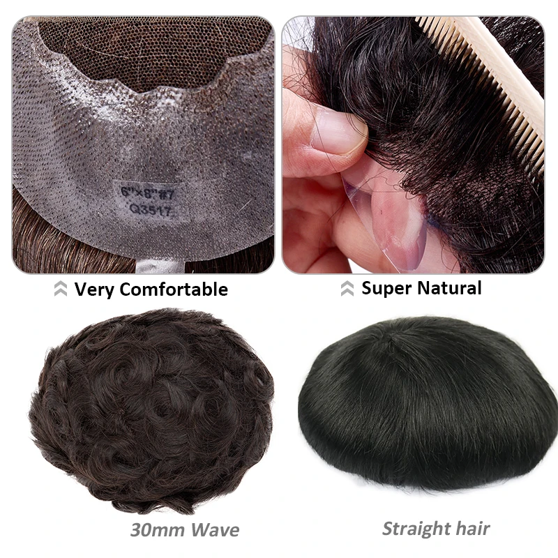 Men Toupee 100% Indian Human Hair Wig Man Durable Lace PU Capillary Prosthesis Male Hairpiece Natural Hair Replacement System