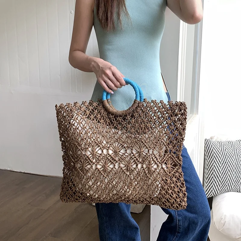 Summer Hollow Straw Beach Bag Handmade Woven Shoulder Bag Raffia Rattan Shopping Travel Bag Bohemian Braided Handbag Casual Tote