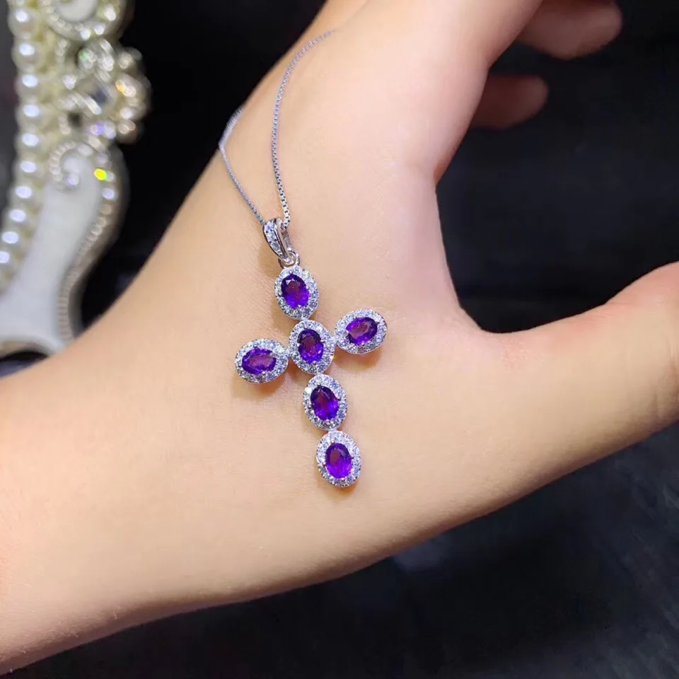 925 Sterling Silver Amethyst Cross Necklace Chain Jewelry Energy Gemstone Pendant Necklace for Women Gift luxury