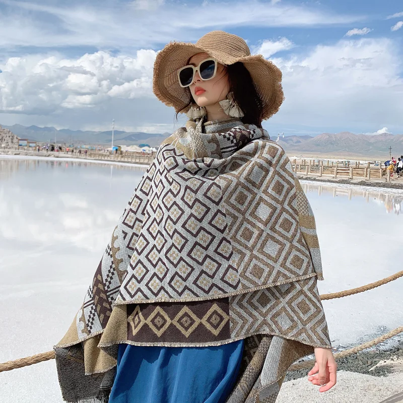 

Poncho Cape Autumn and Winter Scarves Women's Travel Shawl Imitation Cashmere European and American Ethnic Style Split Cloak