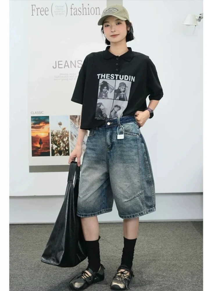 

American Retro High Waist Wide Leg Jeans Women's Summer New Loose Slimming Straight Five-Point Pants Versatile Ladies Jeans