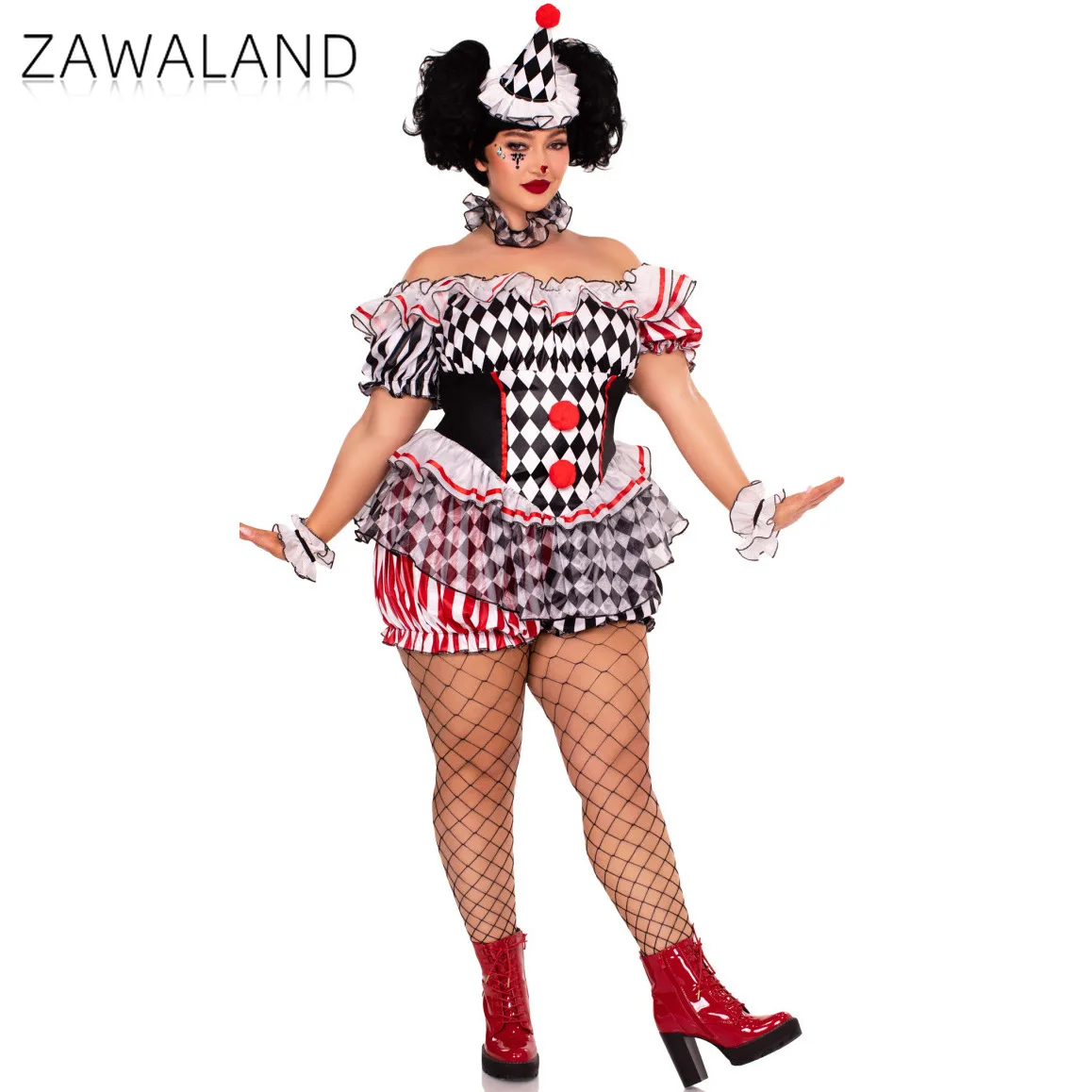 Schwarz Weiß Plaid Clown Cosplay Kostüm Für Frau Off Schulter Puff Sleeve Kleidung Karneval Festival Party Leistung Outfits