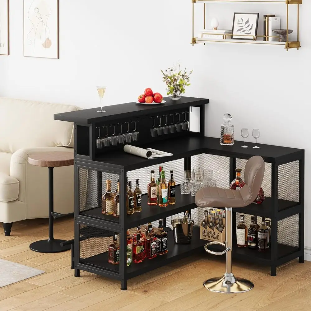 Black L-Shaped Home Bar with Wine Glass Holder, LED Light, Storage Shelves, and Footrest for Kitchen & Dining, Pub Use
