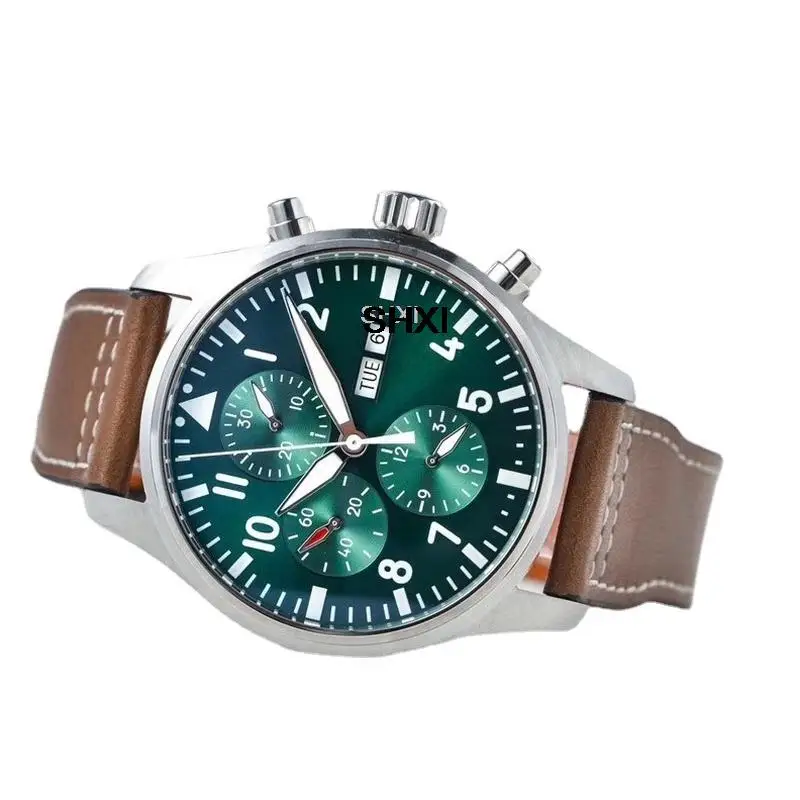 SHXI mens mechanical watch Pilots automatic Green Brown Leather