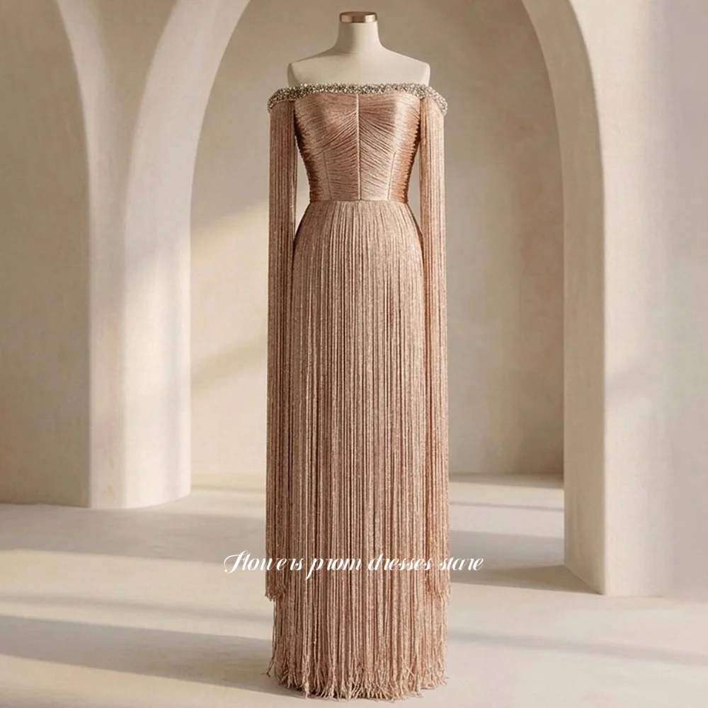 Flowers Champagne Prom Dress Tassels Party Dress Beading Crystal Stone Luxury Evening Gala Dress Formal Princess Gown Customized