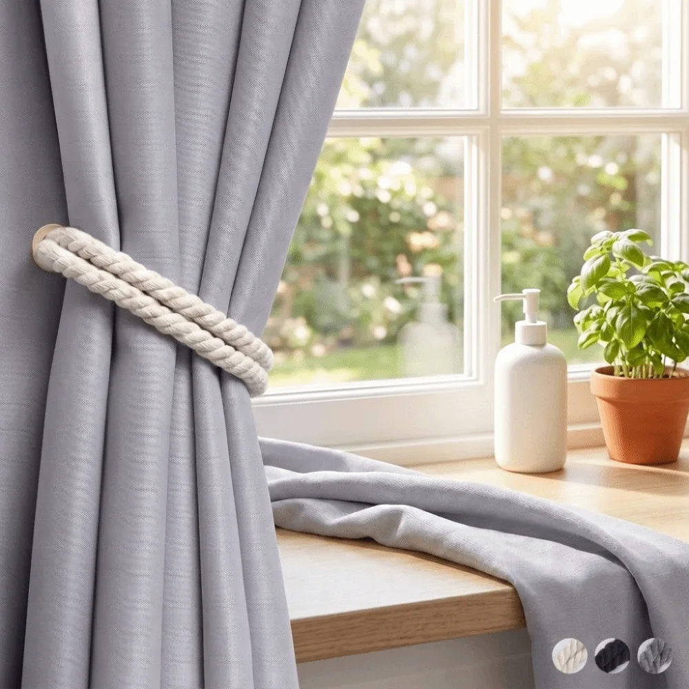 2Pcs Magnetic Curtain Tiebacks Wooden Buckles Braided Rope Curtain Holder Twist Rope Elegant Curtain Buckle Bedroom