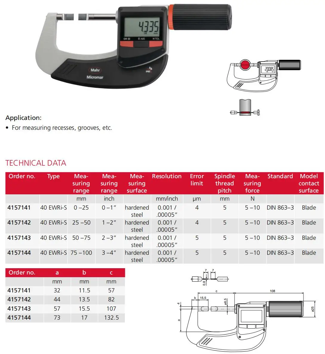 2025 Mahr Micromar 40EWRi-S/40EWR-S with blade-type measuring surfaces for measuring recesses, grooves digital micrometer