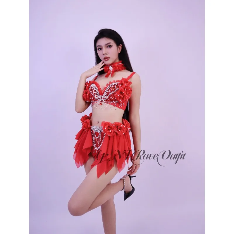 Customized Electric Syllable Performance Costumes Big Red Rose Exquisite Short Swing EDC Costume Small Chest Gathered